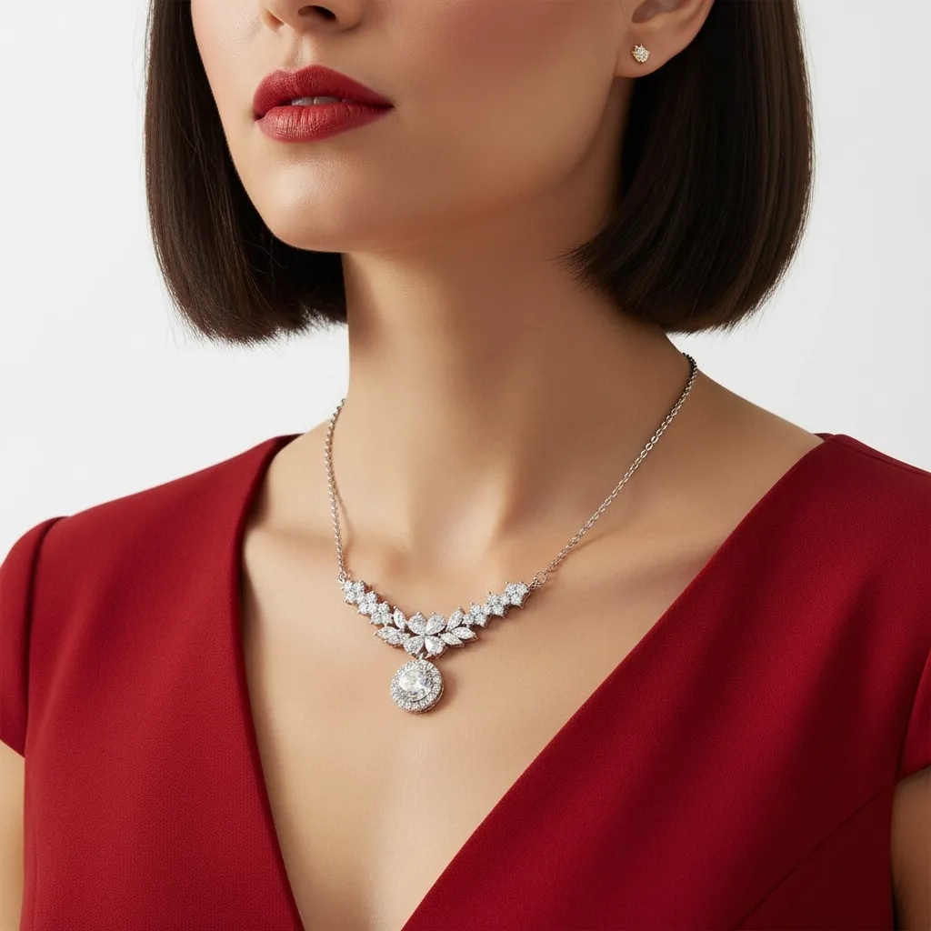 Moissanite Diamond Floral Drop Necklace - Gallery 8