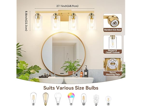 VerRon 4-Light Bathroom Light Fixtures, 27", Gold