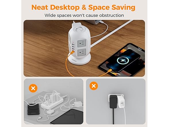 TESSAN 10ft Cord Power Tower (8 Outlets, 1 USB-C, 3 USB-A)