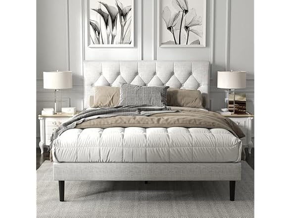 Platform Bed Frame, Tufted Headboard
