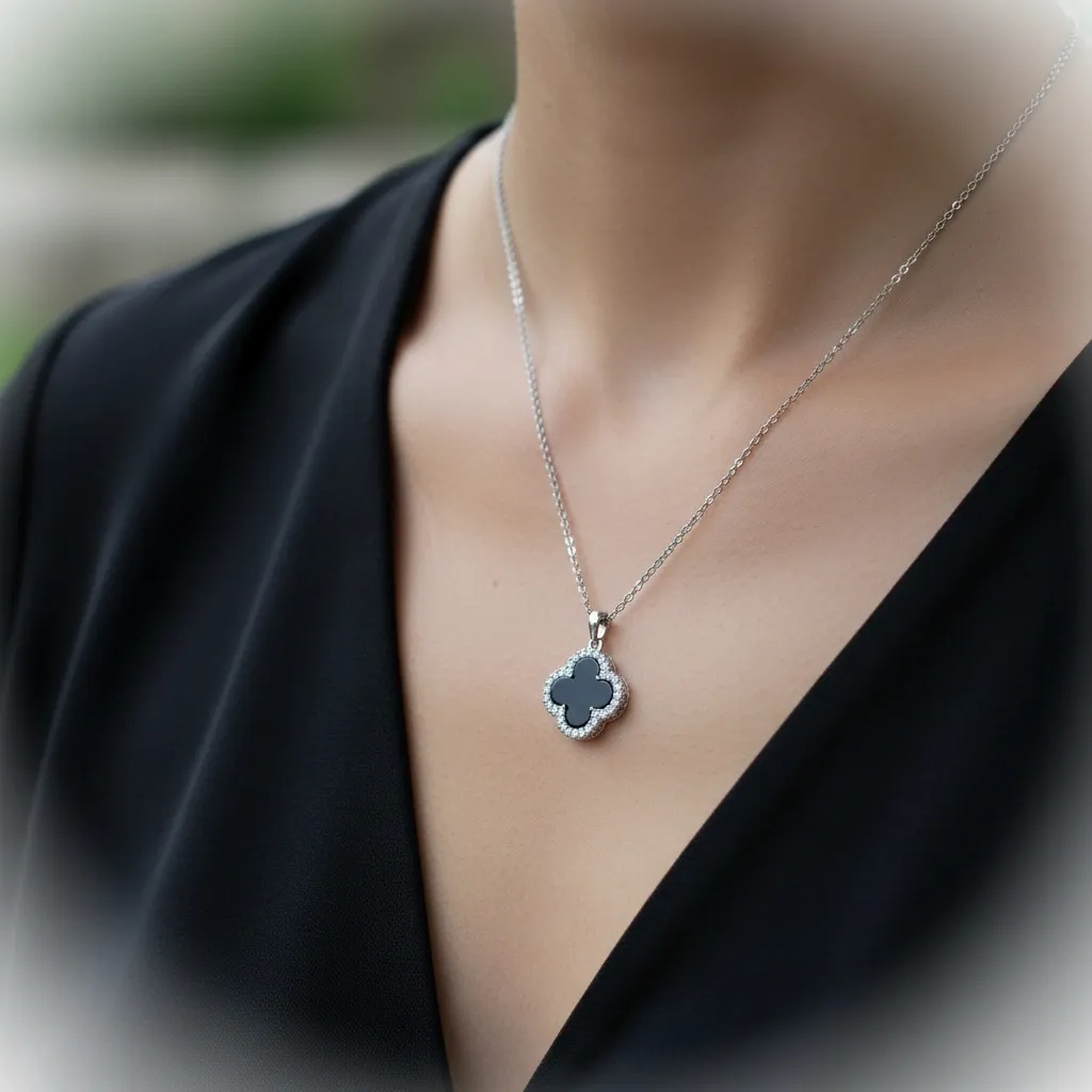 Black Clover, Moissanite Halo Necklace - Gallery 7