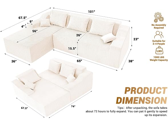 101'' Beige Modular Sectional Sofa Cloud Couch