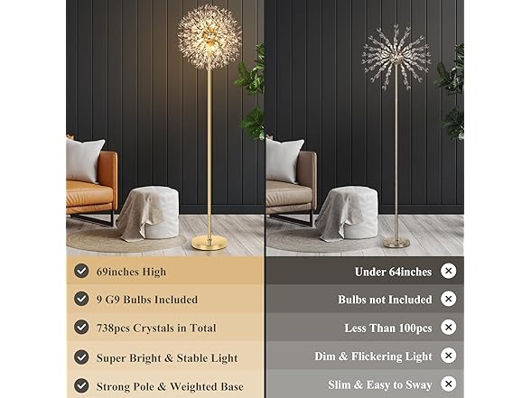 BesLowe 69'' Crystal Floor Lamp