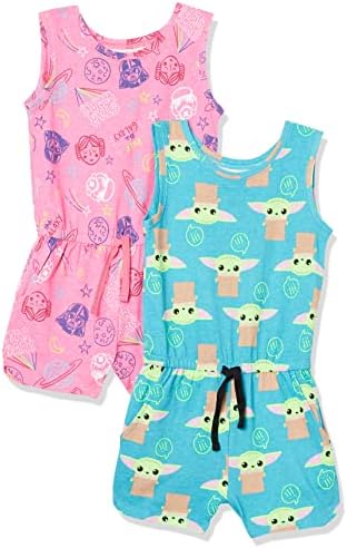 Amazon Essentials Disney | Marvel | Star Wars | Frozen | Princess Girls' Knit Sleeveless Rompers, Pack of 2, Neon Star Wars Child, X-Large
