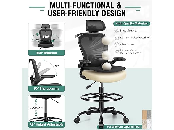 Drafting Chair, Tall Office Chair with 3D Lumbar & Head Support, Ergonomic Mesh Standing Desk Chair with Footring, Comfy Extended High Desk Chair with Flip-Up Arms & Hanger,Black (Open Box)
