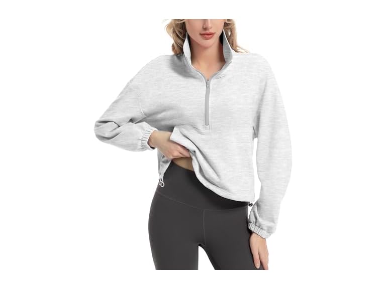 FKEEP Quarter Zip Pullover Women Cropped Sweatshirt Long Sleeve Crop Top Stand Collar Drawstring Casual Pullover Lightgrey