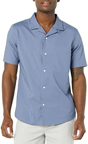Amazon Essentials Men's Vacation Cotton Button-Down Resort Shirt, Short Sleeve, Washed Blue, Large