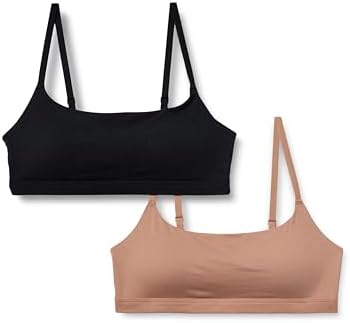 Amazon Essentials Women's Cotton Jersey Adjustable Scoop Bralette, Pack of 2, Black/Washed Bronze, Large