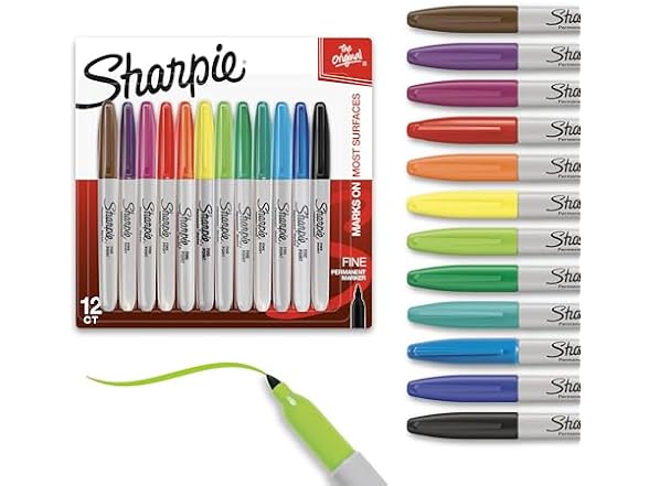 Sharpie Perm Markers, Fine Tip, 12 Ct