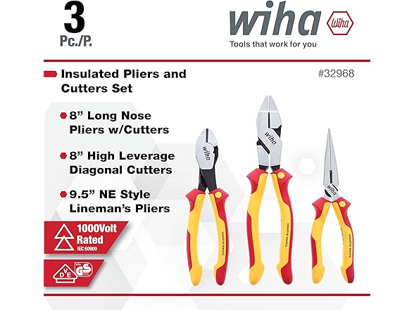 Wiha 32968 3pc Insulated Pliers and Cutters Set