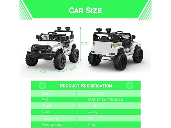 Hetoy 12V Kids Electric Vehicles Ride On Truck Car (White)