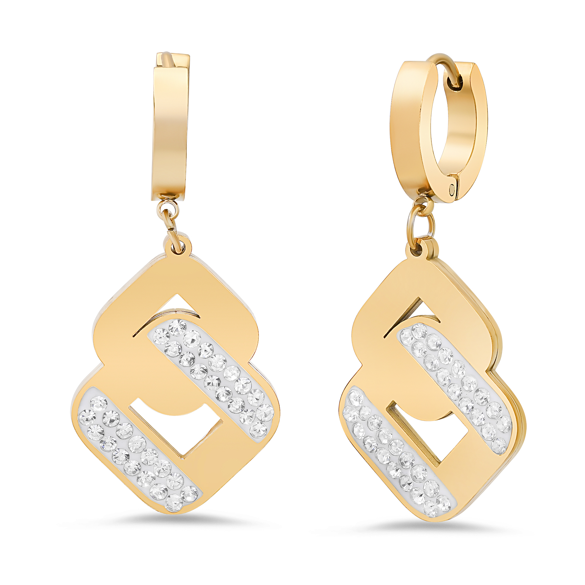 18K Gold CZ Geometric Drop Huggies - Gallery 4