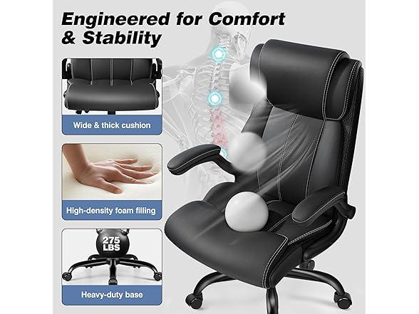 BESTFAIR Ergonomic Office Chair - Desk Computer Chair, Leather High Back Executive Chairs with Adjustable Lumbar Support & Flip Up Arms, Rocking, Black (Open Box)