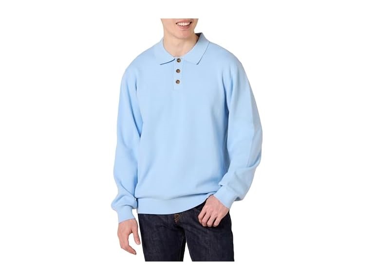 Amazon Essentials Men's Relaxed-Fit Knit Polo Sweater, Powder Blue, Large