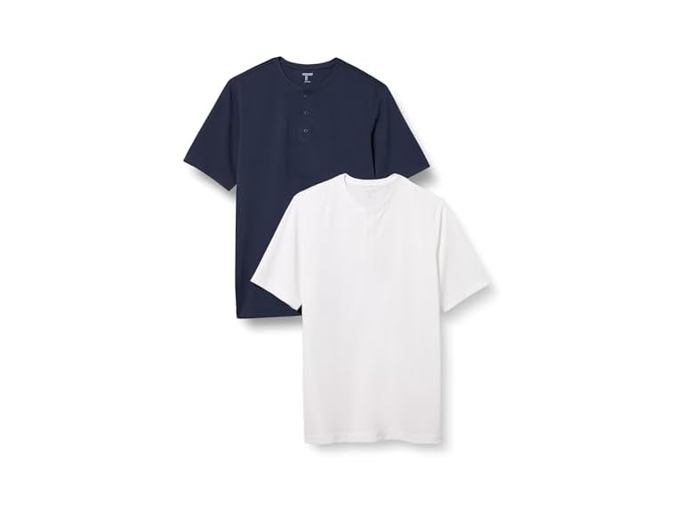 Amazon Essentials Henley Shirts for Men, Short Sleeve, Quick-Dry Jersey, Regular-Fit, 2-Pack, Dark Navy/White, Large