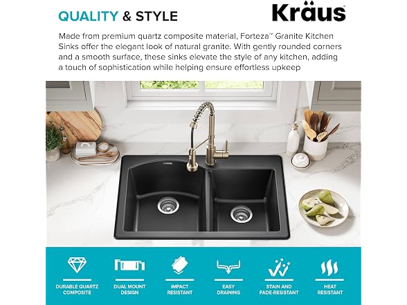 KRAUS Black 33 in Double Bowl Granite Kitchen Sink