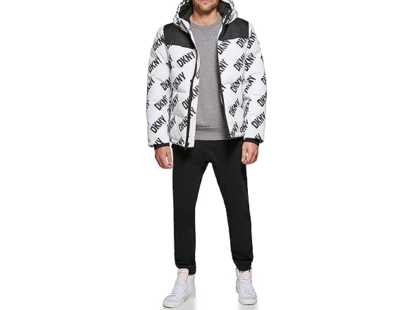 DKNY Mens Shawn Quilted Mixed Media Hooded Puffer Jacket (S)
