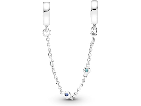PANDORA Triple Blue Stone Safety Chain Bracelet Charm Moments Bracelets - Stunning Women's Jewelry - Gift for Women - Made with Sterling Silver & Man-Made Crystal, No Box (Open Box)