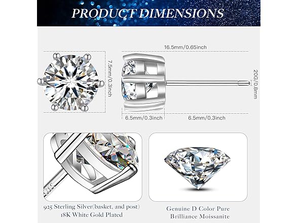 18K Diamond Stud Earrings 1 ct Silver