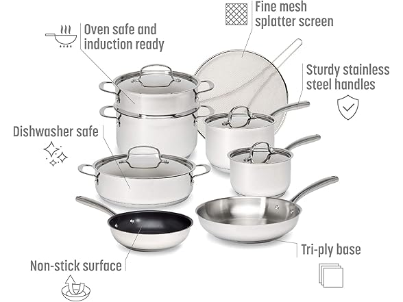 Goodful 12-Piece Classic Stainless Steel Cookware Set 