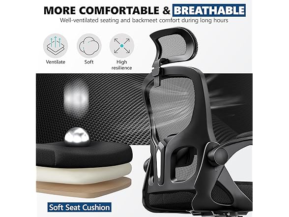 FINATI Ergonomic Office Chair, Mesh Desk Chair with Adjustable Headrest & Lumbar Support, Rolling Computer Chair with Flip-up Armrests, Comfy Swivel Home Office Chair for Long Hours - Black (Open Box)