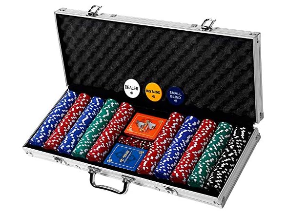 Rally and Roar Professional Poker Set w/ Hard Case, 2 Card Decks, 5 Dice, 3 Buttons - 500 Chips