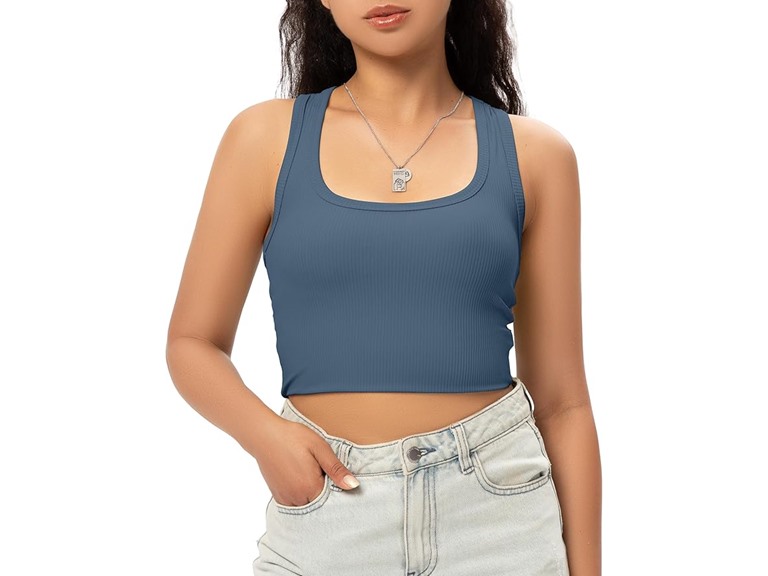 GGOV Sports Crop Tank Tops for Women Cropped Workout Tops Racerback Running Yoga Tanks Cotton Sleeveless Gym Shirts Mist Blue