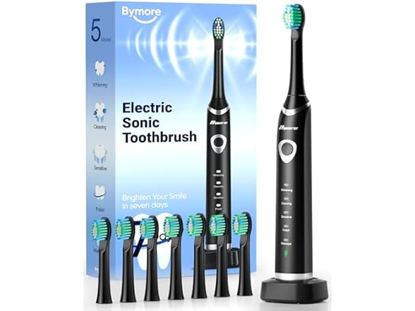 Bymore Electric Toothbrush with 8 Replacement Heads