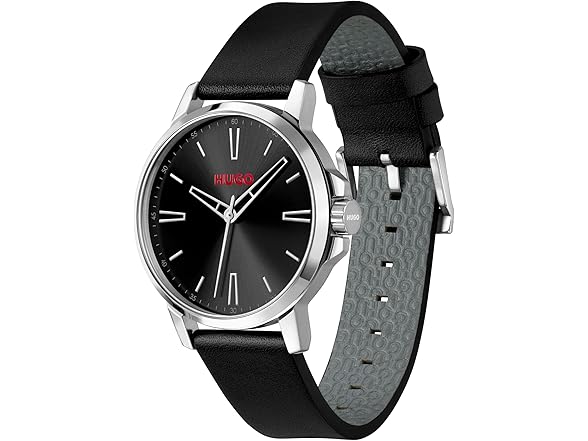 HUGO Mens Smooth Watch Black Leather Strap 41mm