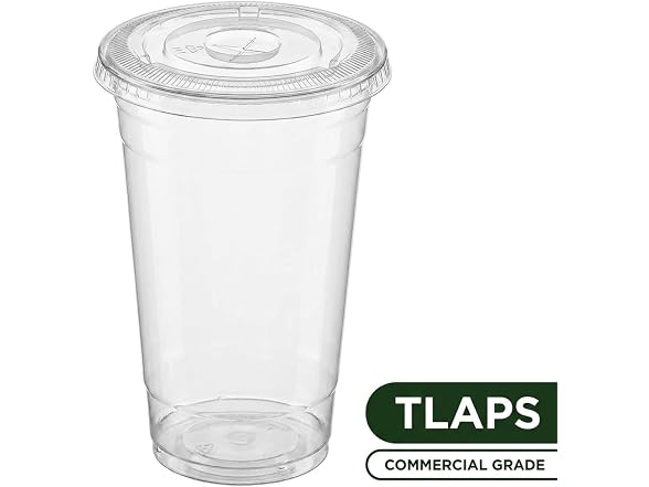TLAPS 24 oz Crystal Clear Plastic Cups with Flat Lids 100 CT 
