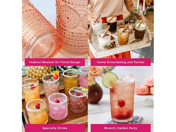 Hobnail Beaded Floral Rose Gold Drinking Glasses Set of 6