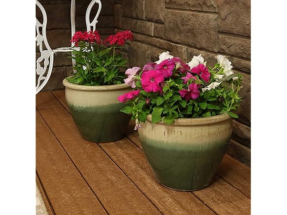Sunnydaze Round Ceramic Planter - Set of 2