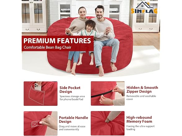 SIMFLAG Red 5FT Bean Bag Chair - Gallery 5