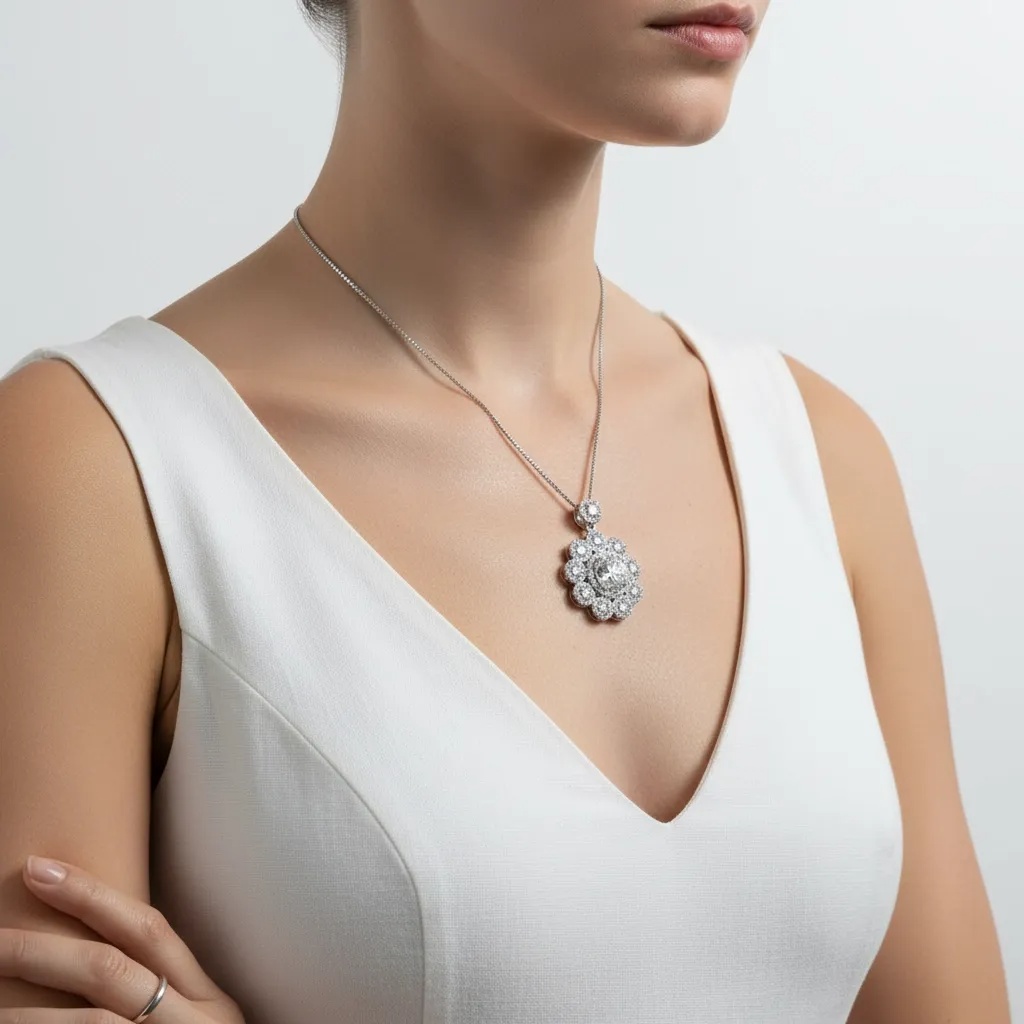 Moissanite Diamond Floral Halo Necklace - Gallery 6
