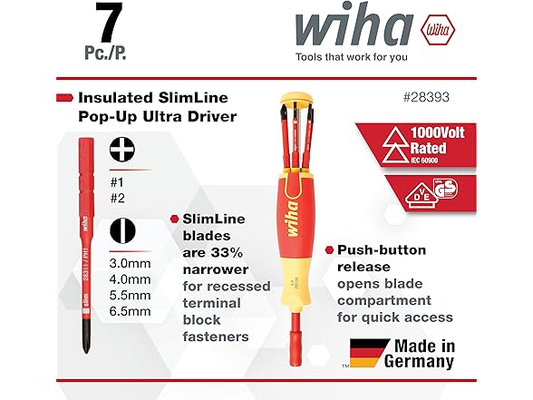 Wiha 28393 7pc Driver Blade Set Slotted, Phillips