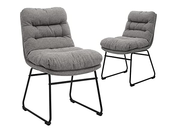 CangLong Modern Accent Kitchen Chairs with Fabric Soft Padded Back in Checkered Pattern and Chrome Legs, Set of 2,Grey
