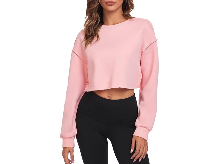FKEEP Cropped Sweatshirts for Women Long Sleeves Crewneck Pullover Crop Tops Oversized Fit Pink