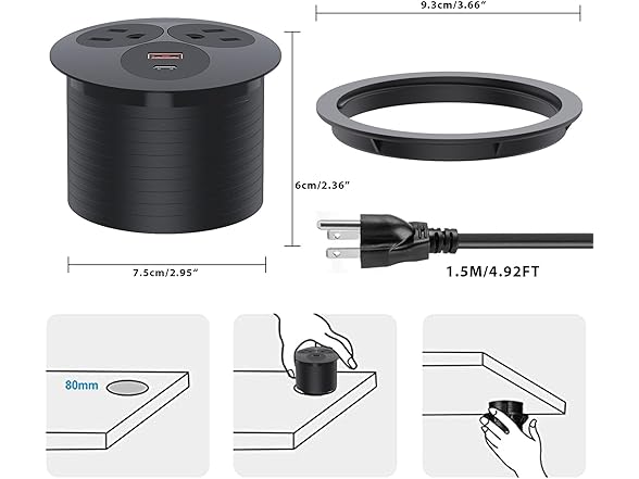 Recessed Power Grommet With 3AC Outlets