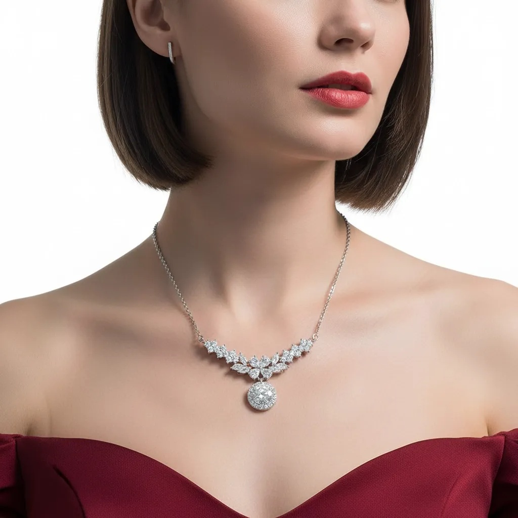 Moissanite Diamond Floral Drop Necklace - Gallery 7