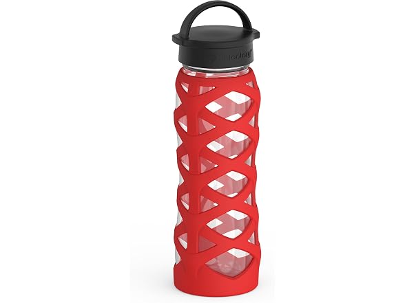 Lifefactory 22oz Glass Water Bottle with Classic Chug Cap, Red