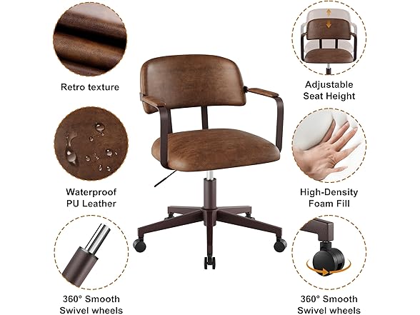 BERYTH Home Office Desk Chair, Mid-Century Modern Desk Chair with Padded Arms, Adjustable Seat Height, Mid Back 360° Small Computer Chair with Mobile Mute Wheel, PU Leather (Brown) (Open Box)