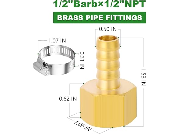 1/2 Barb x1/2 FNPT Brass 5Pcs+Clamp