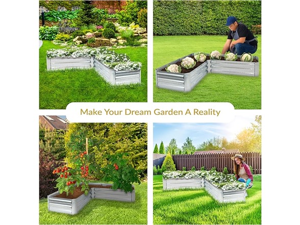 Sunnydaze L-Shaped Raised Garden Bed, Silver