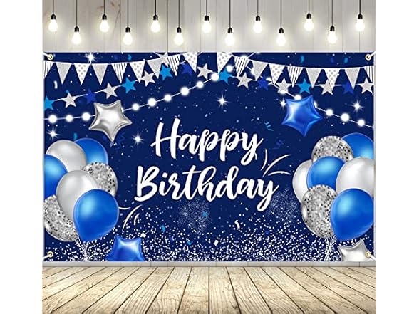 Navy Blue & Silver Happy Birthday Backdrop