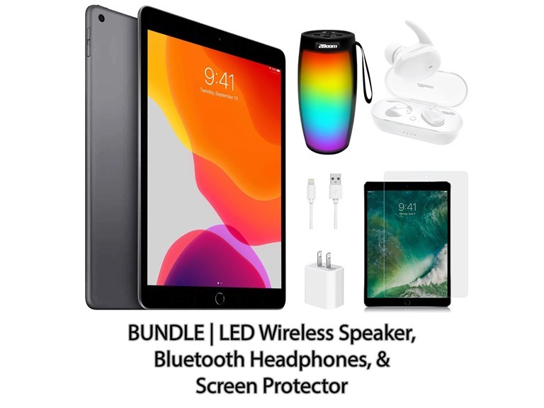 Apple iPad 7 128GB Space Gray Wifi Bundle, Wireless Speaker, Bluetooth Headphones, & Screen Protector