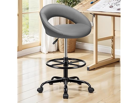 BESTFAIR Drafting Chair for Standing Desk, Height Adjustable Rolling Stool with Backrest & Footrest, Tall 360° Swivel PU Leather Stool Chair with Wheels for Office, Gray (Open Box)