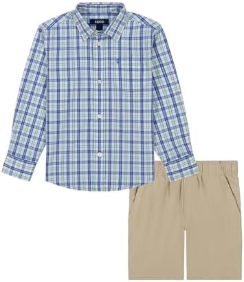 IZOD Boys' 2-Piece Set, Collared Button-Down Shirt, and Performance Shorts, Yucca/Blue Plaid