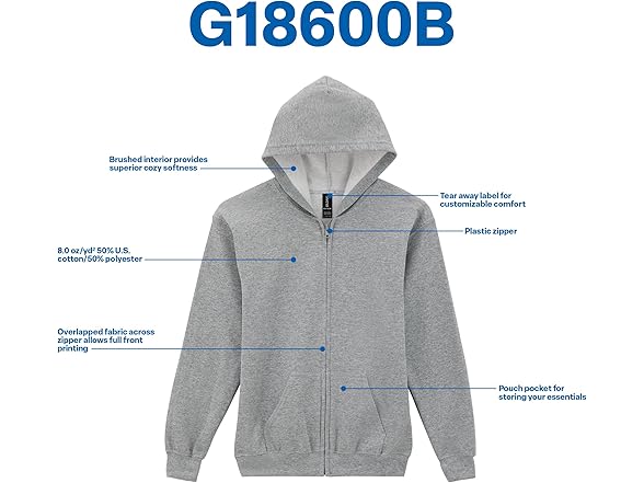 Gildan Youth Full Zip Hoodie Sweatshirt,