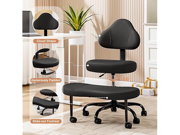 AtHope Cross Legged Office Chair, Criss Cross Desk Chair ADHD Meditation Kneeling Yoga Seat with Adjustable Height, Lumbar Support, Wider Footrest and Wheels (Black) (Open Box)