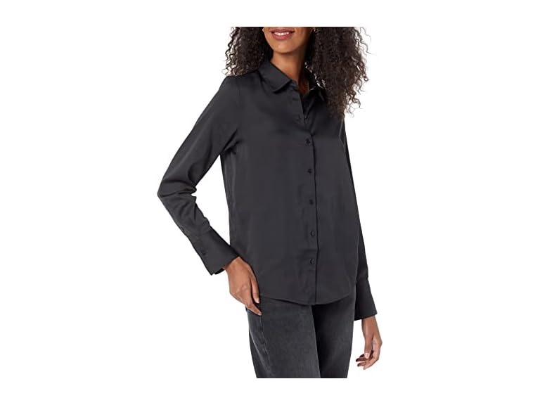 Amazon Essentials Women's Regular-Fit Satin Button Down Blouse (Available in Plus Size), Black, X-Large